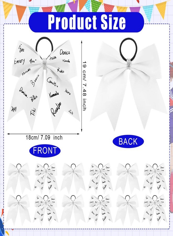 Solsew 12 Pcs Cheer Hair Bows 7 Inch White Ponytail Holder Elastic Band Autograph with 2 Pens Write Name Rhinestone Hair Accessories for Teen Girls College Sports Softball Cheerleader Keepsake Gifts - Image 2